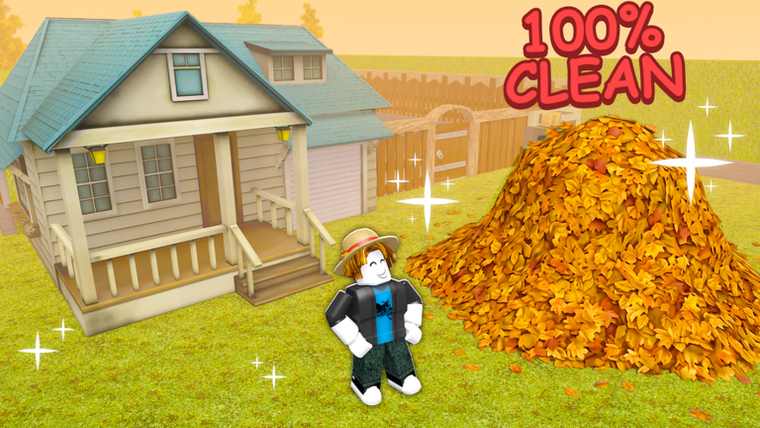 A Roblox avatar in a straw hat standing between the cleaned house and a giant pile of collected leaves