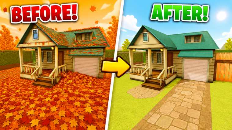 Official thumbnail: the House buried in orange leaves on the left, fully cleared with green grass on the right
