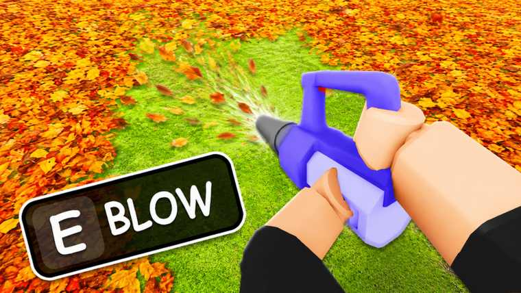 First-person view of the purple leaf blower pushing leaves across a lawn, with the E to blow prompt